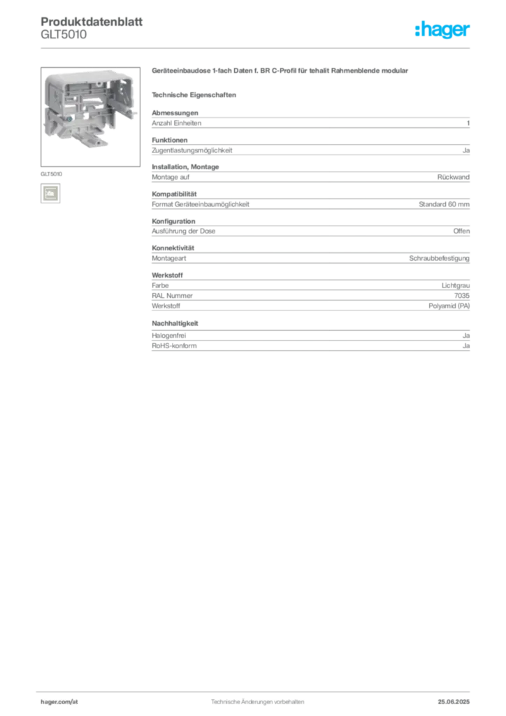 Bild Hager Produktdatenblatt GLT5010 | Hager Deutschland