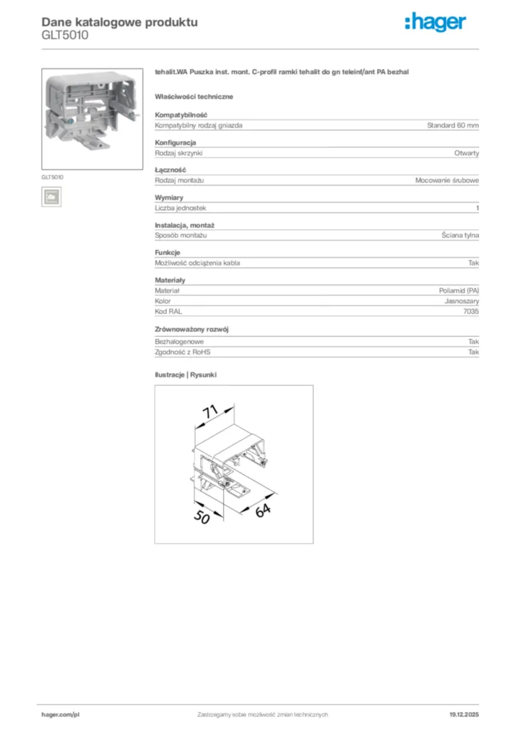Zdjęcie Hager Karta katalogowa GLT5010 | Hager Polska