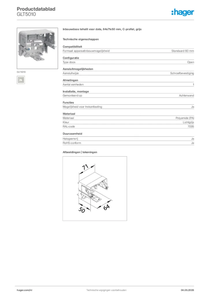 Afbeelding Hager Productdatablad GLT5010 | Hager Nederland