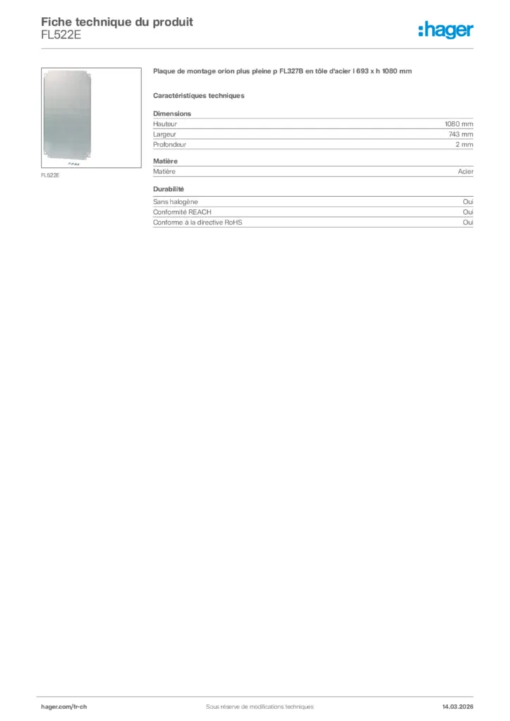 Image Hager Fiche technique du produit FL522E | Hager Suisse