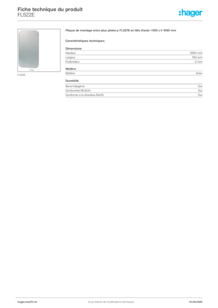 Image Hager Fiche technique du produit FL522E | Hager Suisse