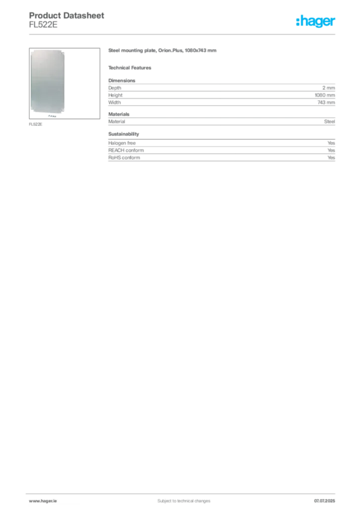 Image Hager Product data sheet FL522E  | Hager