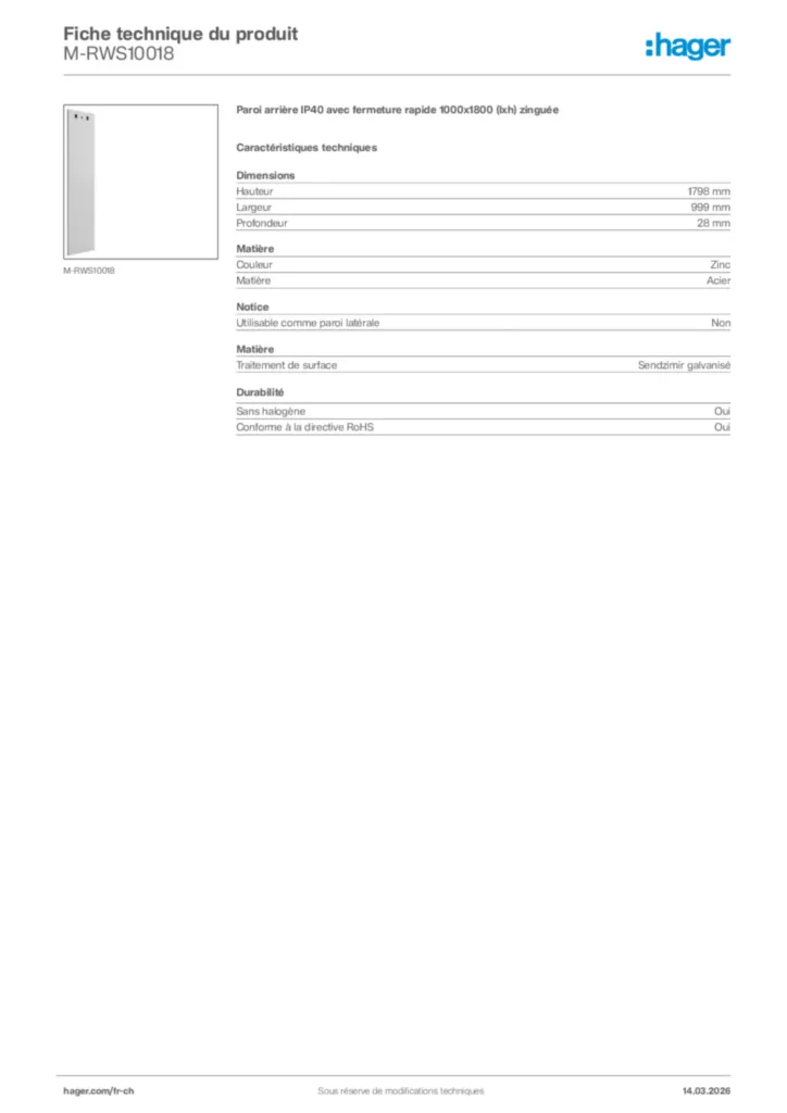 Image Hager Fiche technique du produit M-RWS10018 | Hager Suisse