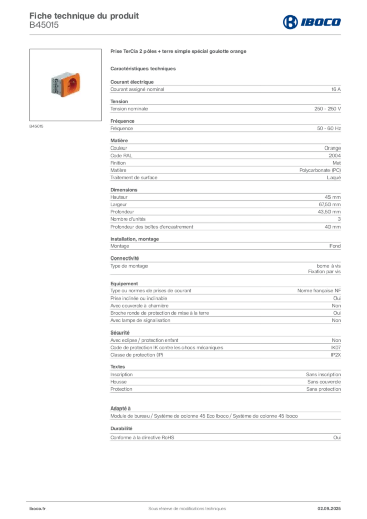 Image Iboco Fiche technique du produit B45015 | Hager France