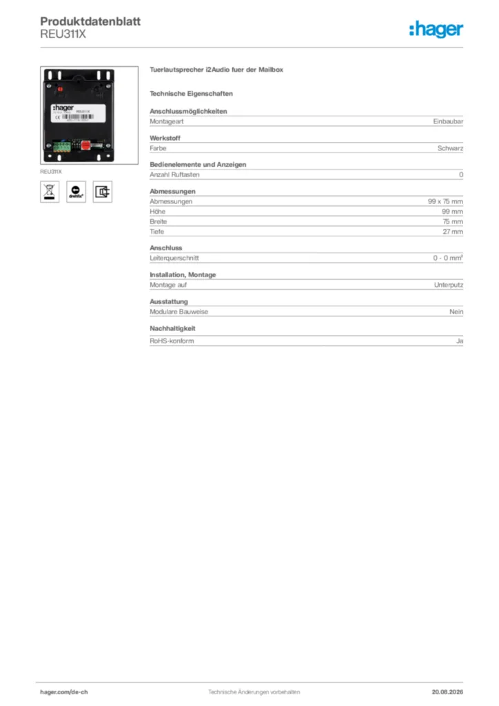 Bild Hager Produktdatenblatt REU311X | Hager Schweiz