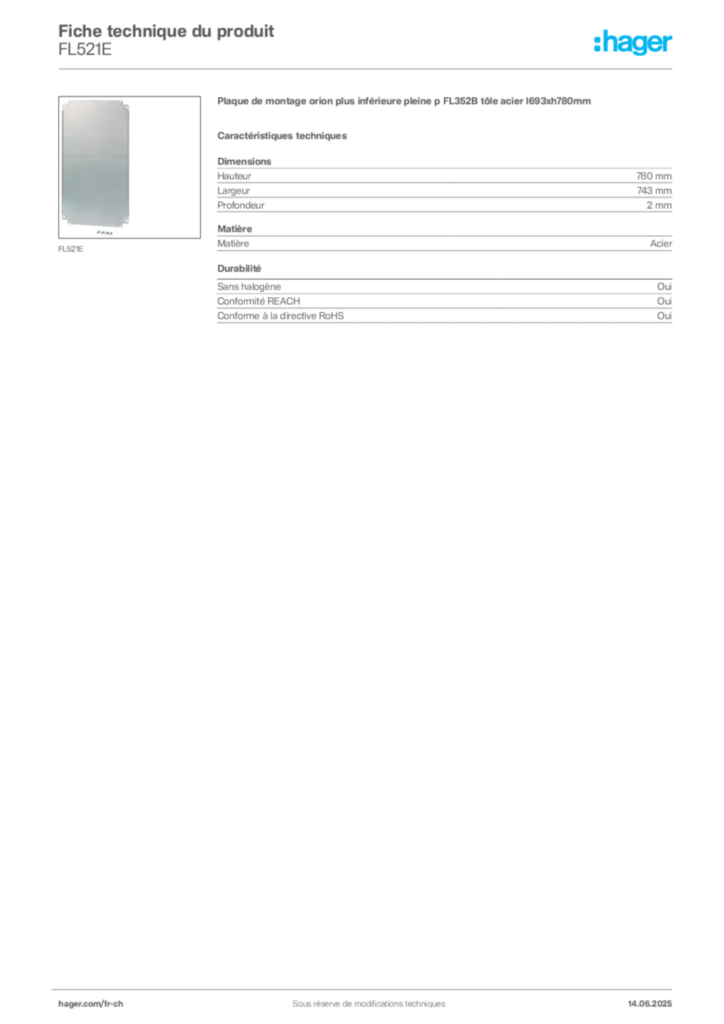 Image Hager Fiche technique du produit FL521E | Hager Suisse