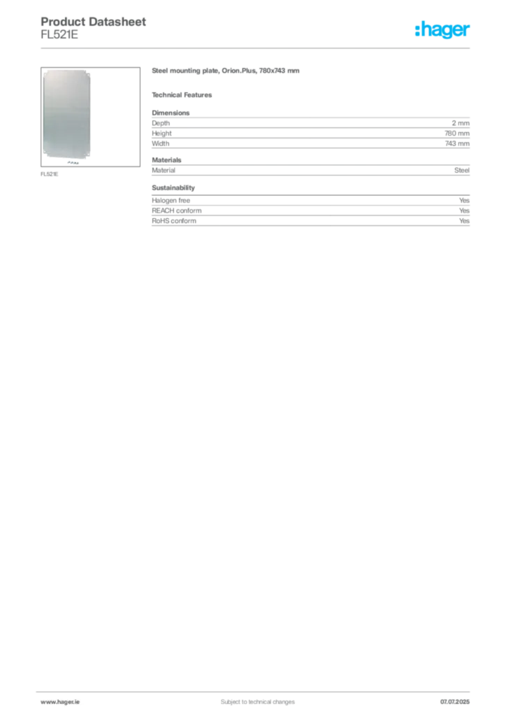 Image Hager Product data sheet FL521E  | Hager