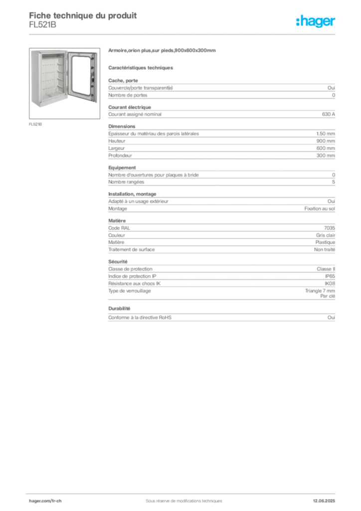 Image Hager Fiche technique du produit FL521B | Hager Suisse