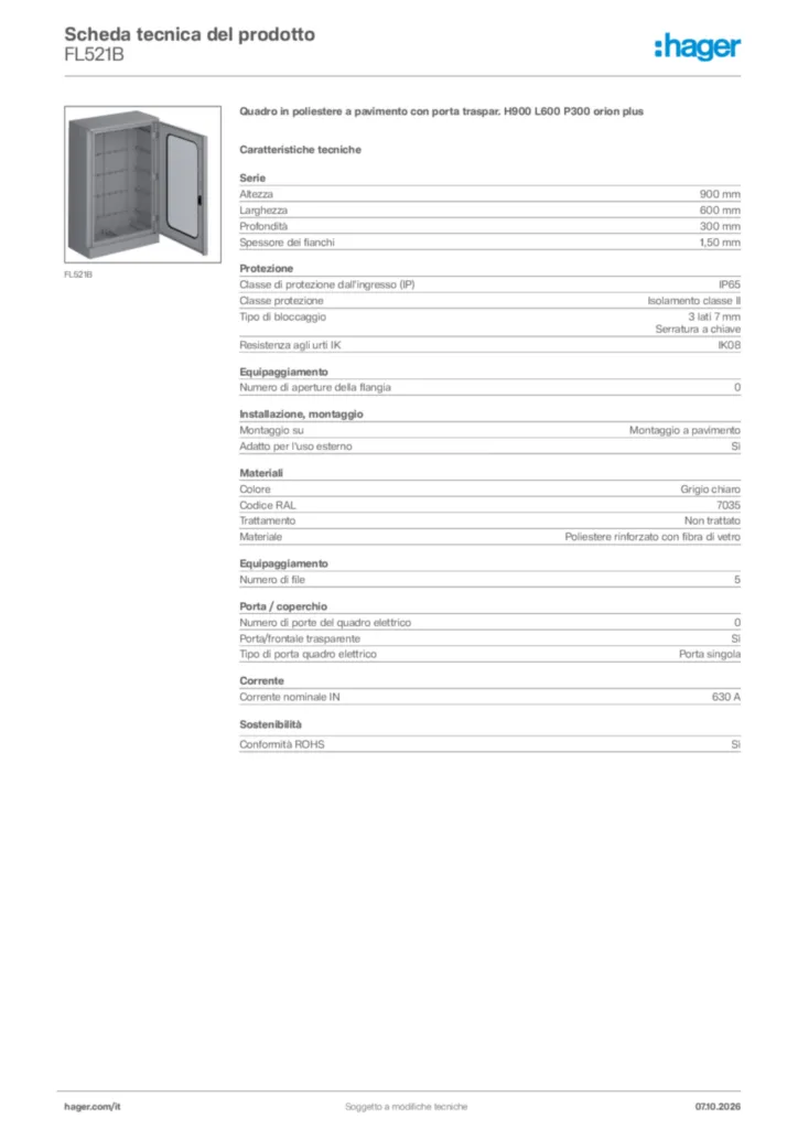 Immagine Hager Scheda tecnica del prodotto FL521B | Hager Italia