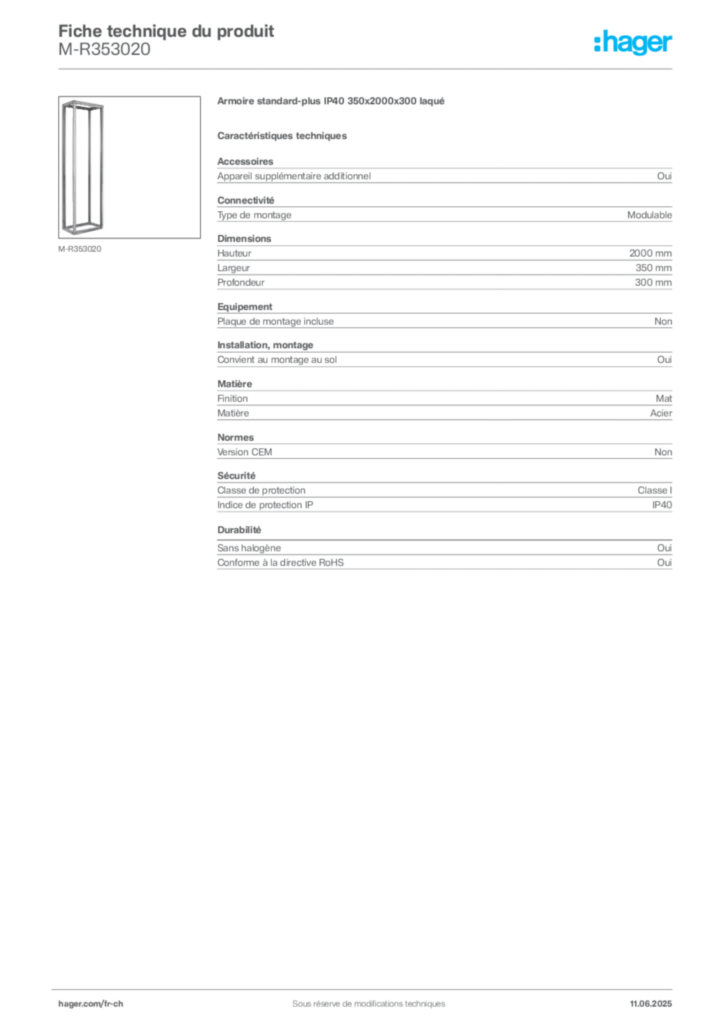 Image Hager Fiche technique du produit M-R353020 | Hager Suisse