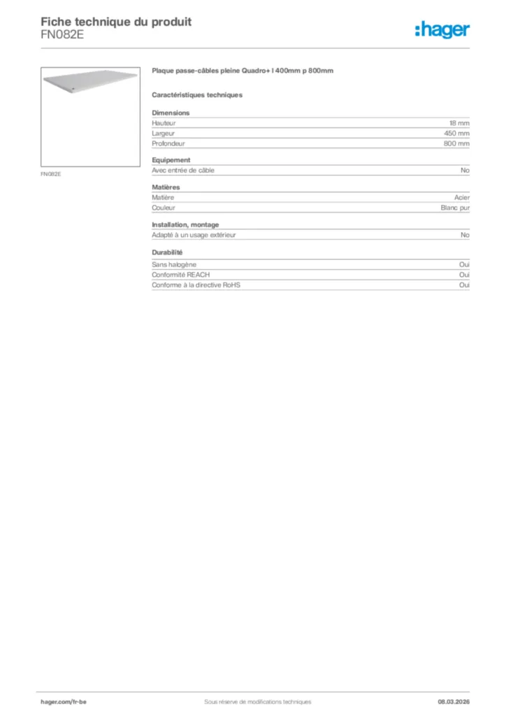 Image Hager Fiche technique du produit FN082E | Hager Belgique