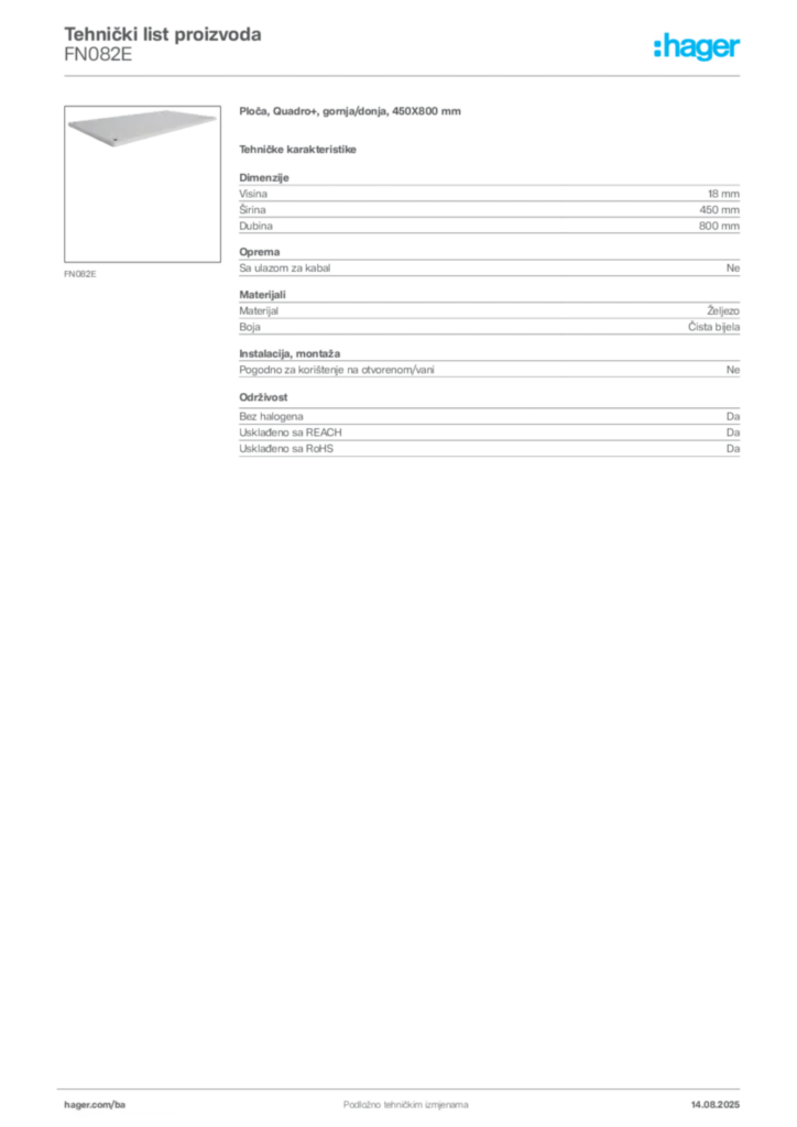 Slika Hager Product data sheet FN082E  | Hager