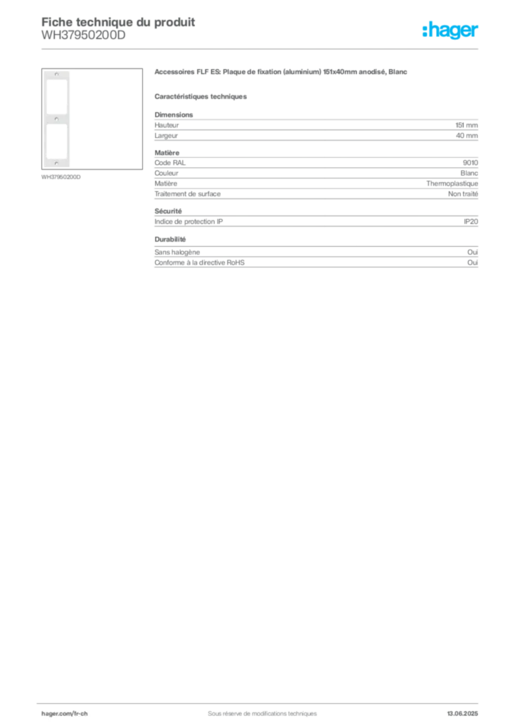 Image Hager Fiche technique du produit WH37950200D | Hager Suisse