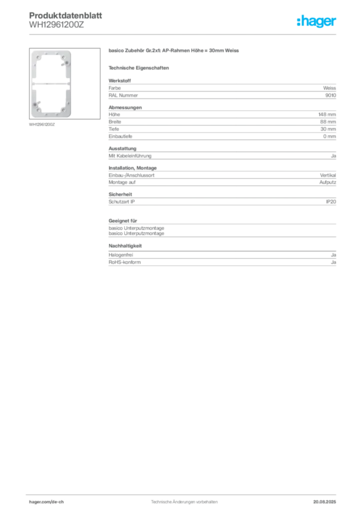Bild Hager Produktdatenblatt WH12961200Z | Hager Schweiz