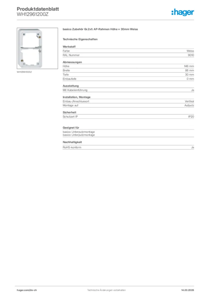 Bild Hager Produktdatenblatt WH12961200Z | Hager Schweiz