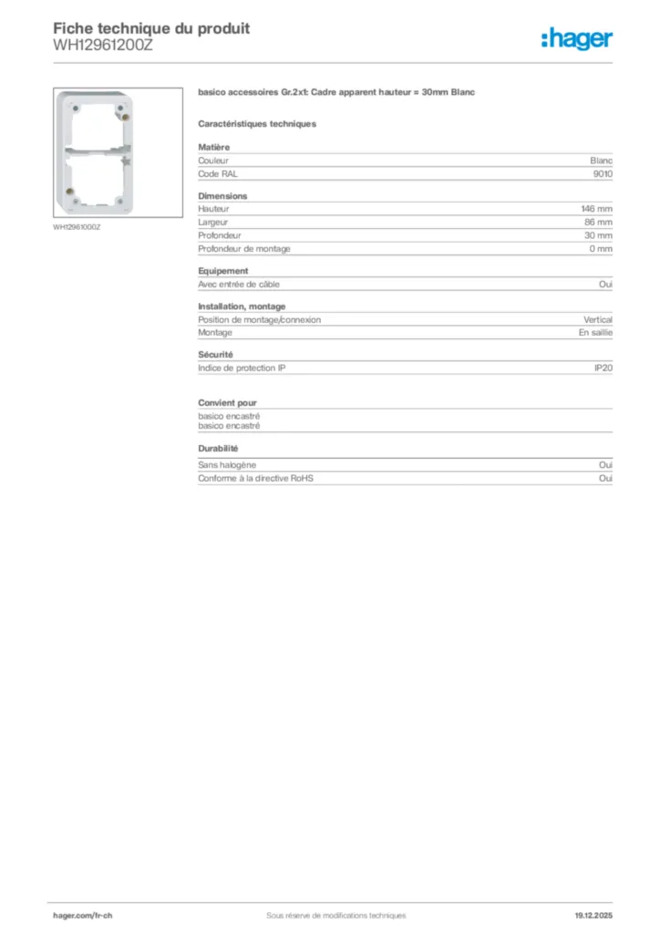 Image Hager Fiche technique du produit WH12961200Z | Hager Suisse