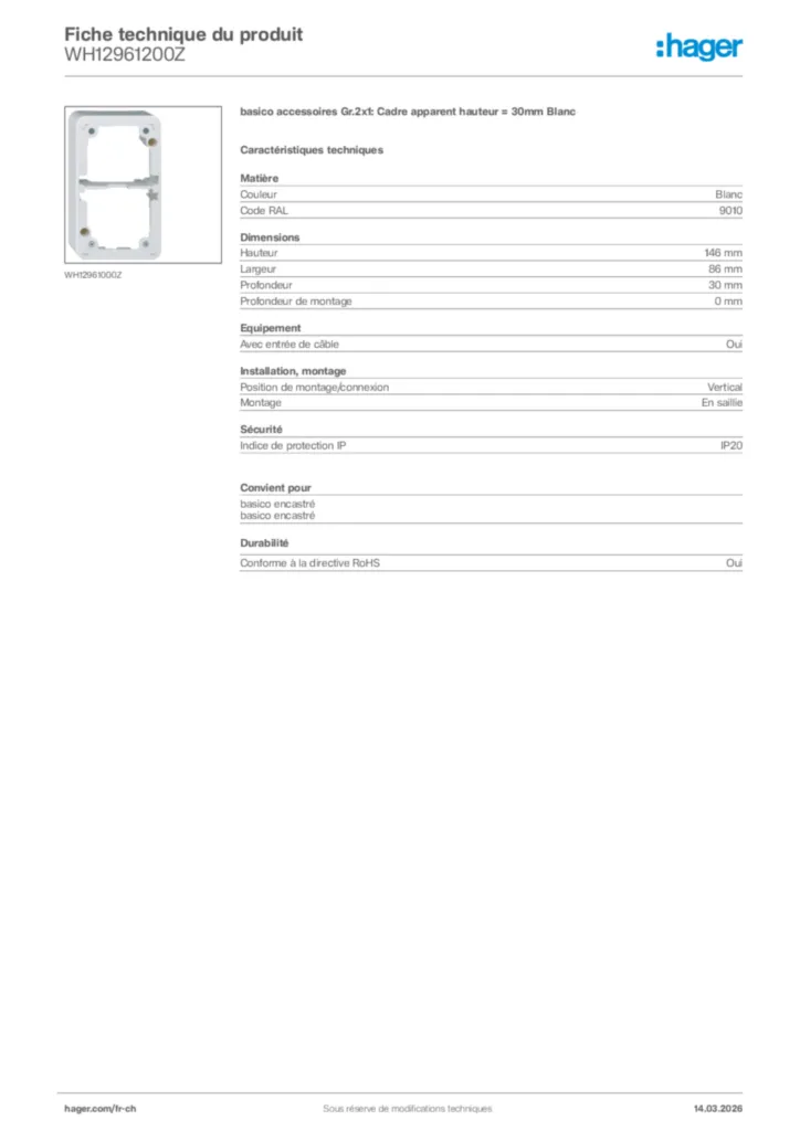 Image Hager Fiche technique du produit WH12961200Z | Hager Suisse