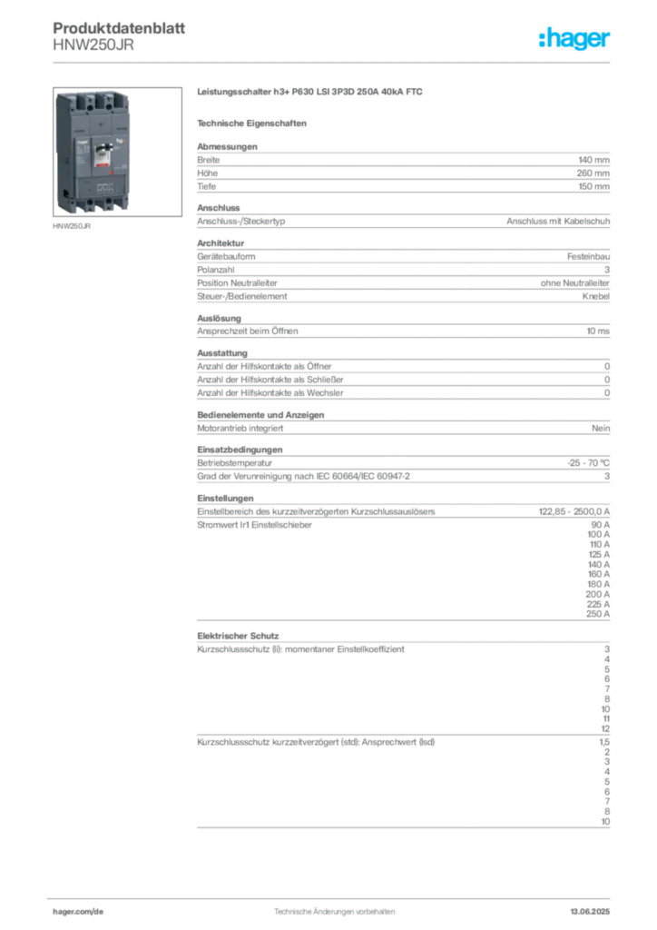 Bild Hager Produktdatenblatt HNW250JR | Hager Deutschland