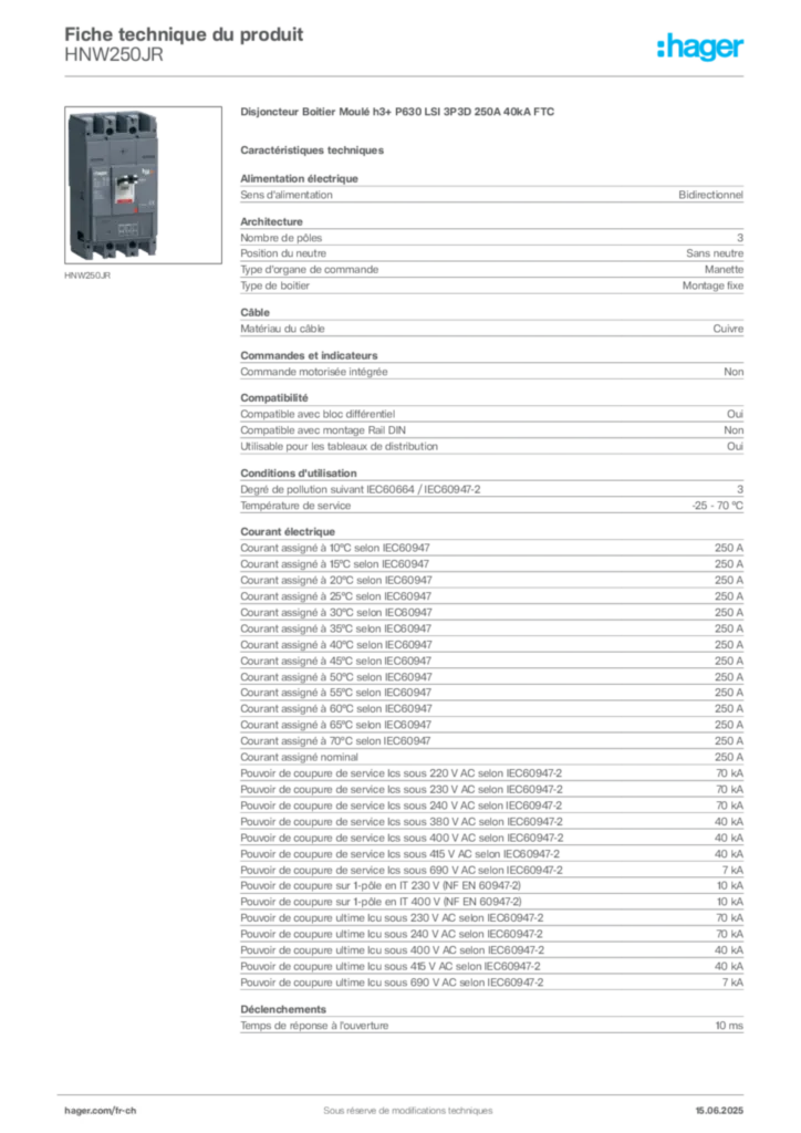 Image Hager Fiche technique du produit HNW250JR | Hager Suisse