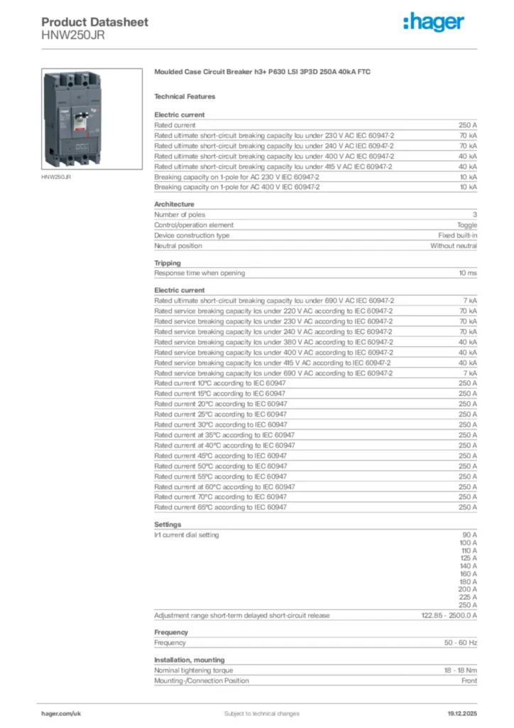 Image Hager Product data sheet HNW250JR  | Hager