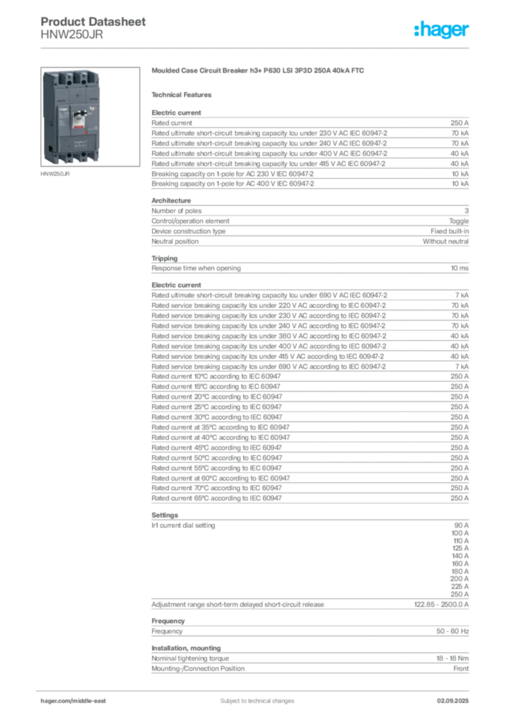 Image Hager Product data sheet HNW250JR  | Hager