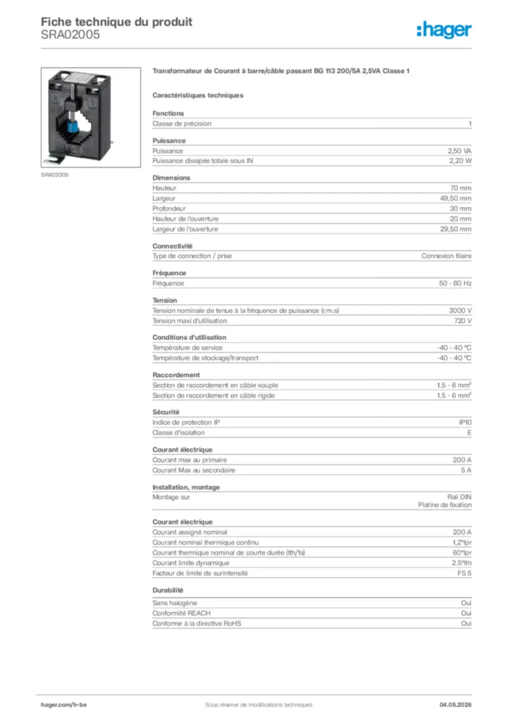 Image Hager Fiche technique du produit SRA02005 | Hager Belgique