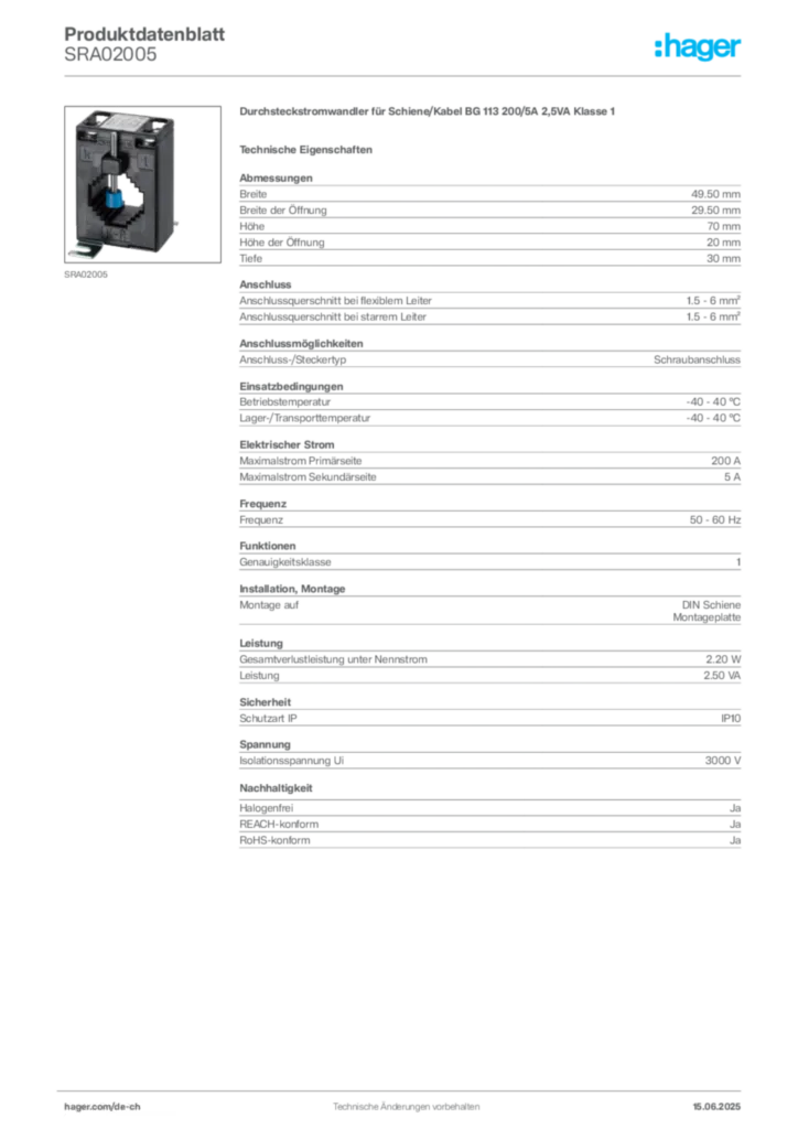 Bild Hager Produktdatenblatt SRA02005 | Hager Schweiz