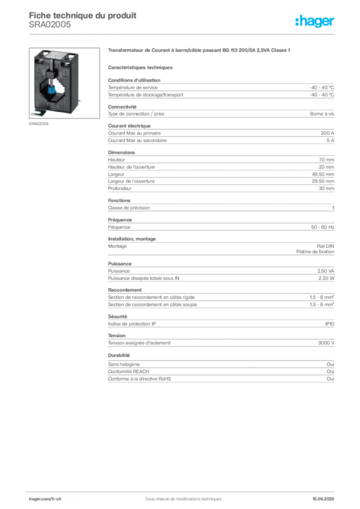 Image Hager Fiche technique du produit SRA02005 | Hager Suisse