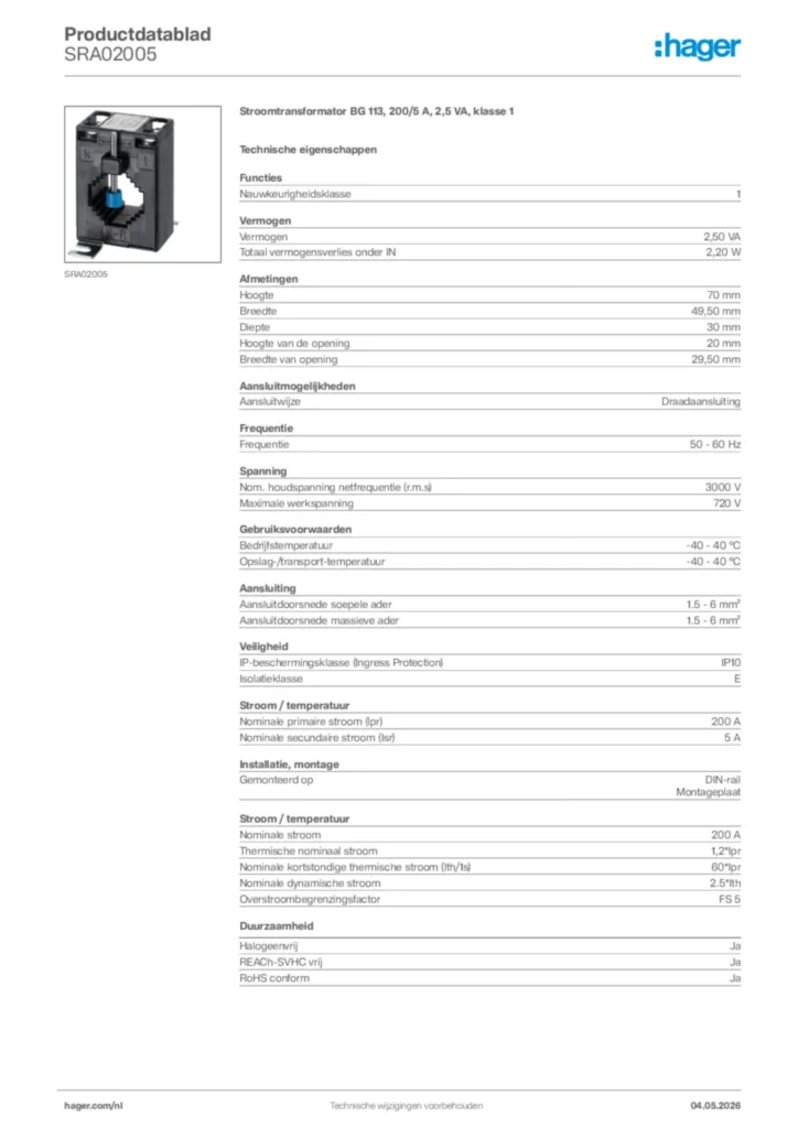 Afbeelding Hager Productdatablad SRA02005 | Hager Nederland