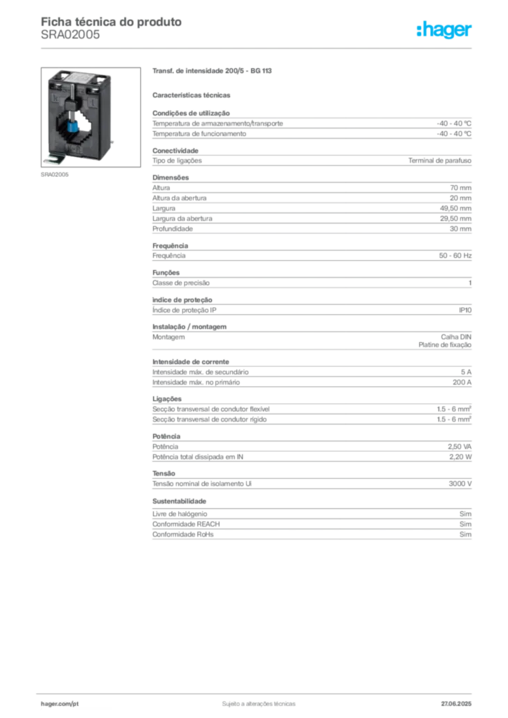 Imagem Hager Ficha técnica do produto SRA02005 | Hager Portugal