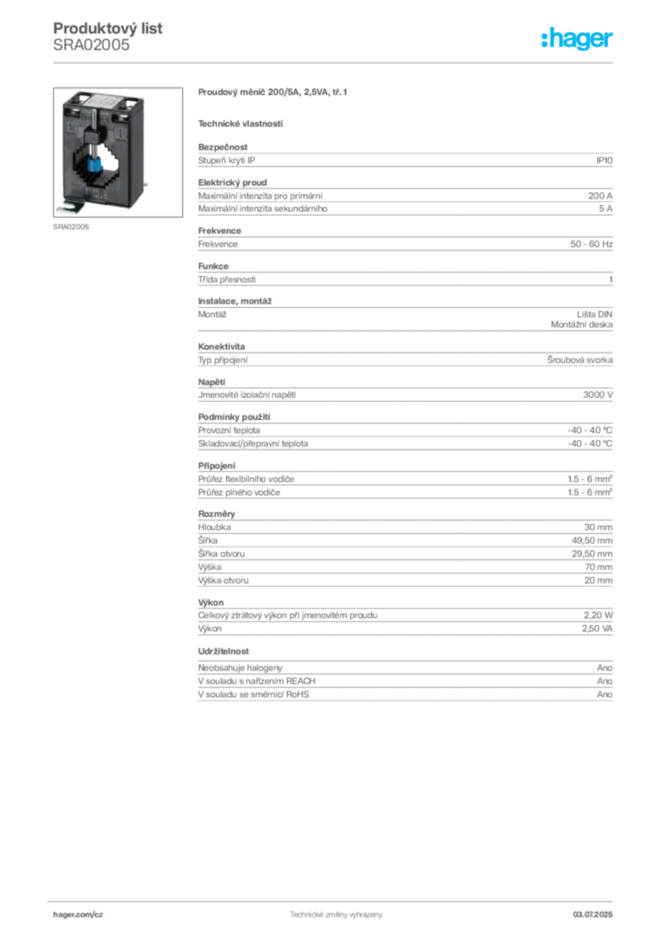 Obrázek Hager Produktový list SRA02005 | Hager