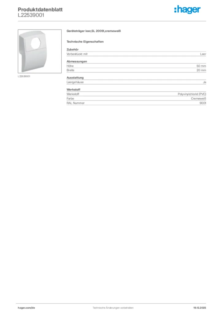Bild Hager Produktdatenblatt L22539001 | Hager Deutschland