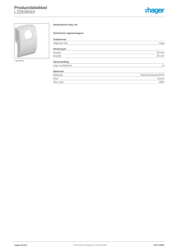 Afbeelding Hager Productdatablad L22539001 | Hager Nederland