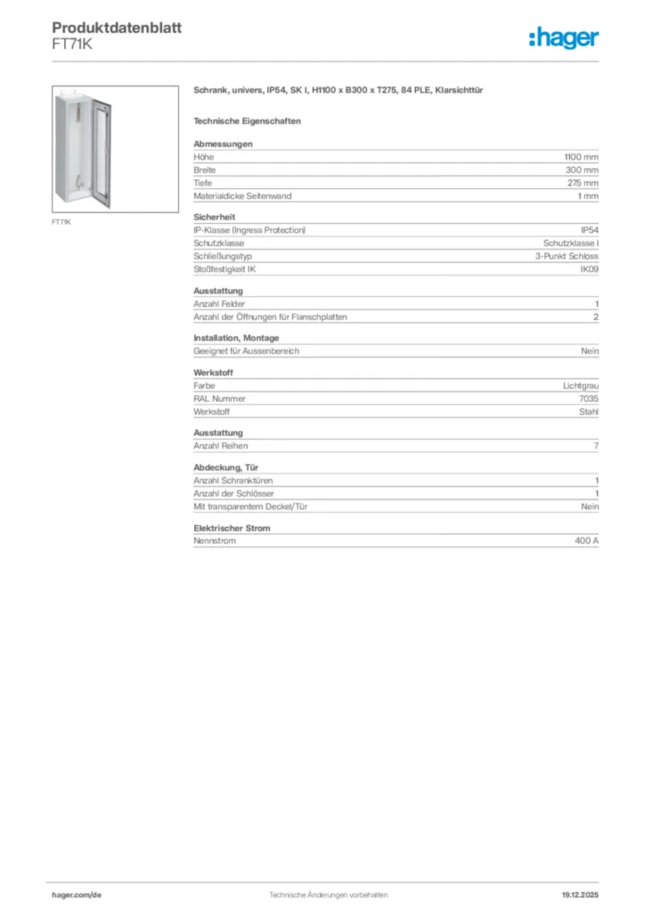 Bild Hager Produktdatenblatt FT71K | Hager Deutschland