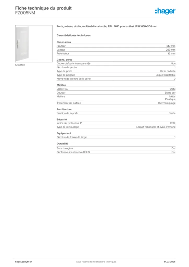 Image Hager Fiche technique du produit FZ005NM | Hager Suisse