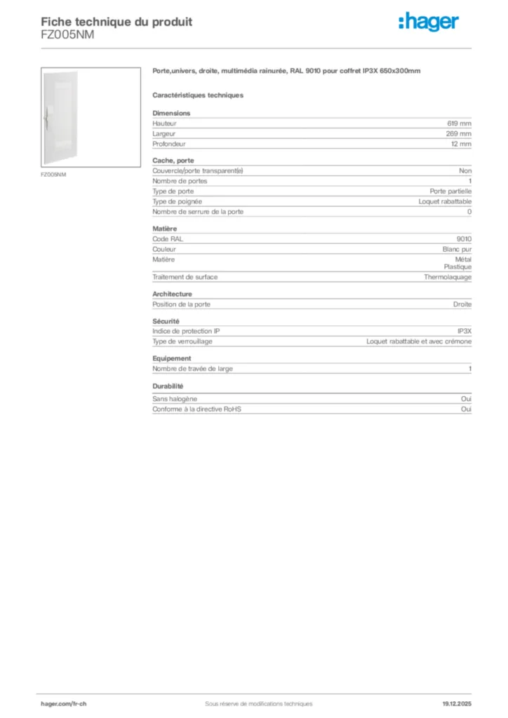 Image Hager Fiche technique du produit FZ005NM | Hager Suisse