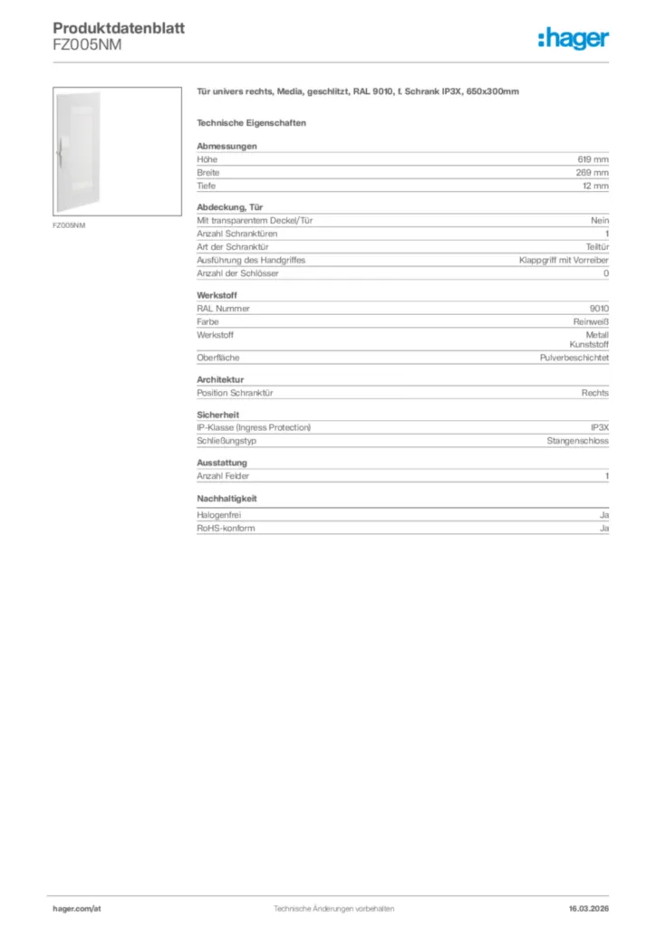 Bild Hager Produktdatenblatt FZ005NM | Hager Deutschland