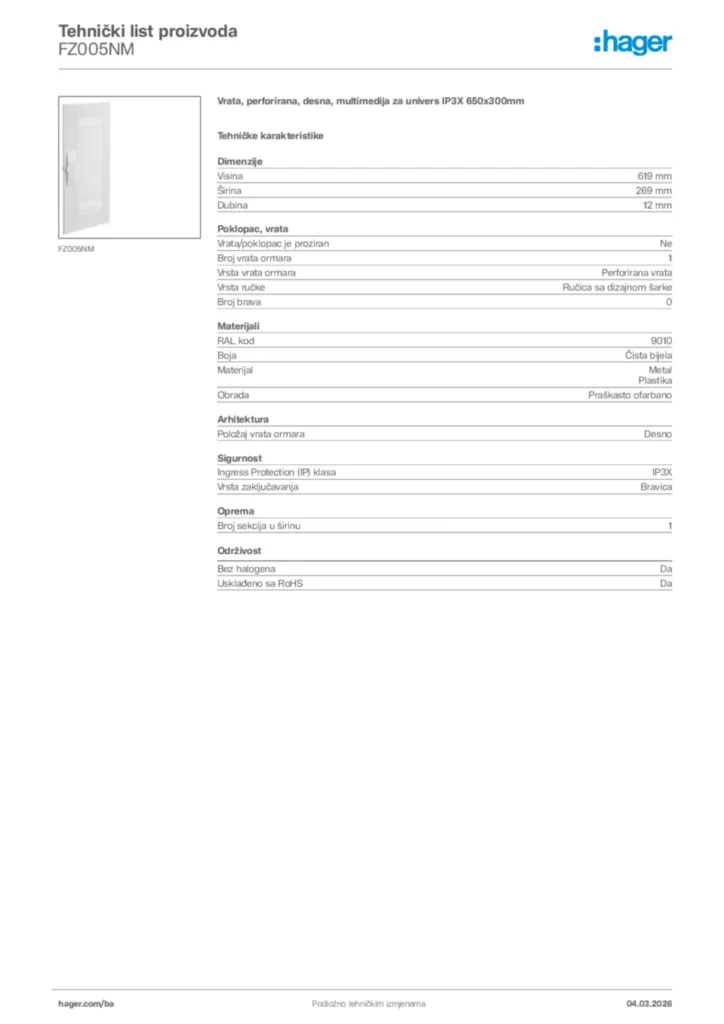 Slika Hager Tehnički list proizvoda FZ005NM  | Hager