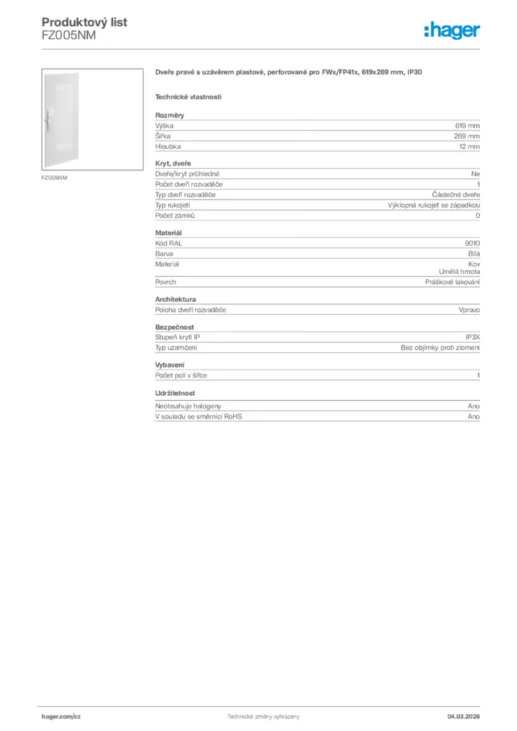 Obrázek Hager Product data sheet FZ005NM | Hager