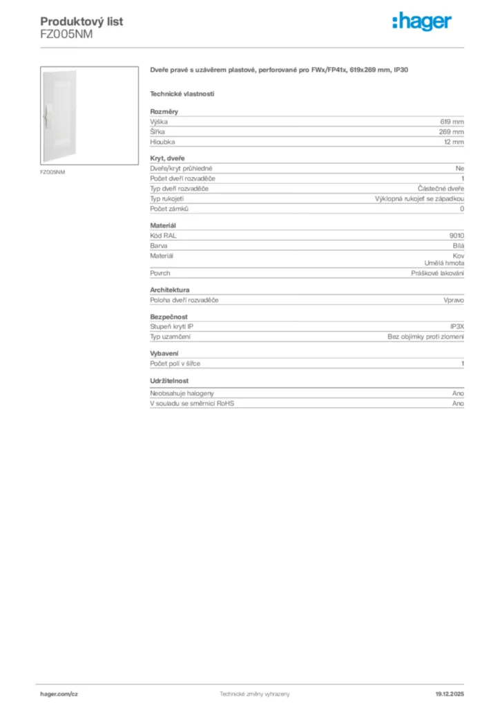 Obrázek Hager Produktový list FZ005NM | Hager