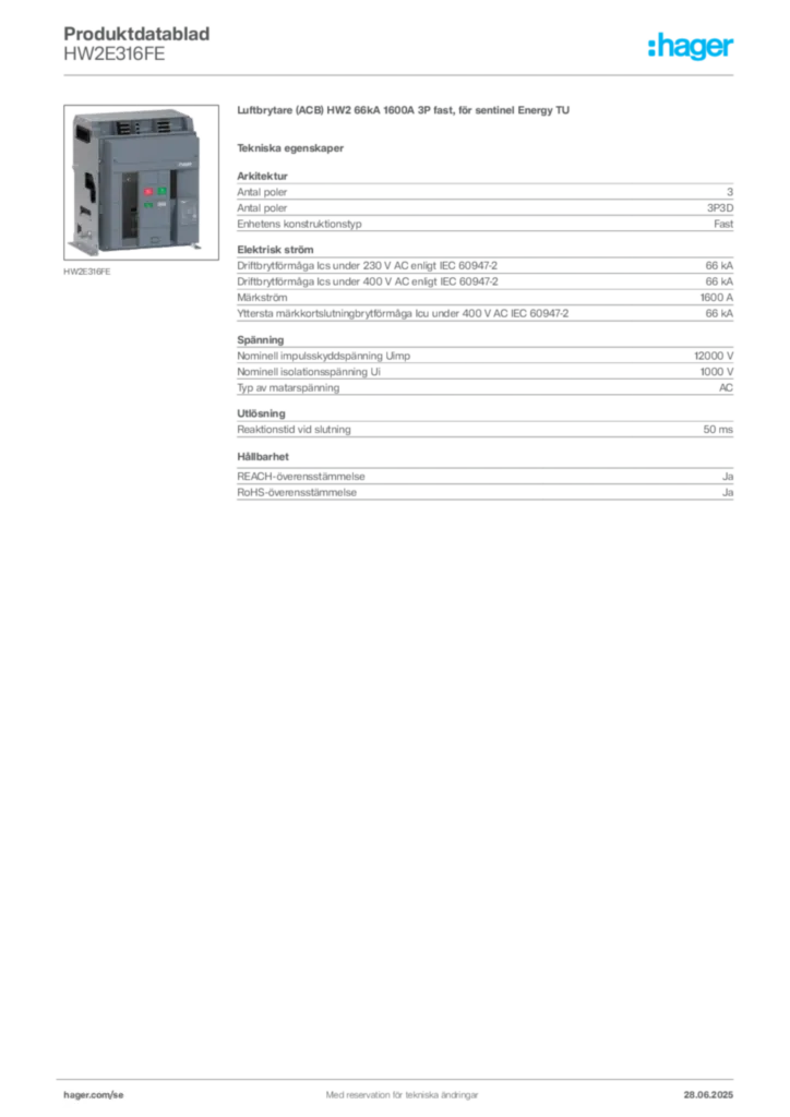 Bild Hager Produktdatablad HW2E316FE | Hager Sverige