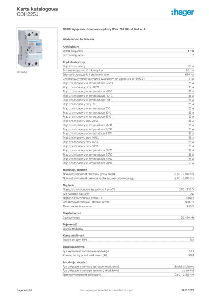Zdjęcie Hager Karta katalogowa CDH225J | Hager Polska