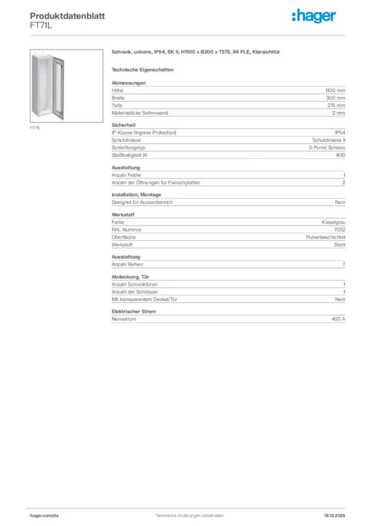 Bild Hager Produktdatenblatt FT71L | Hager Deutschland