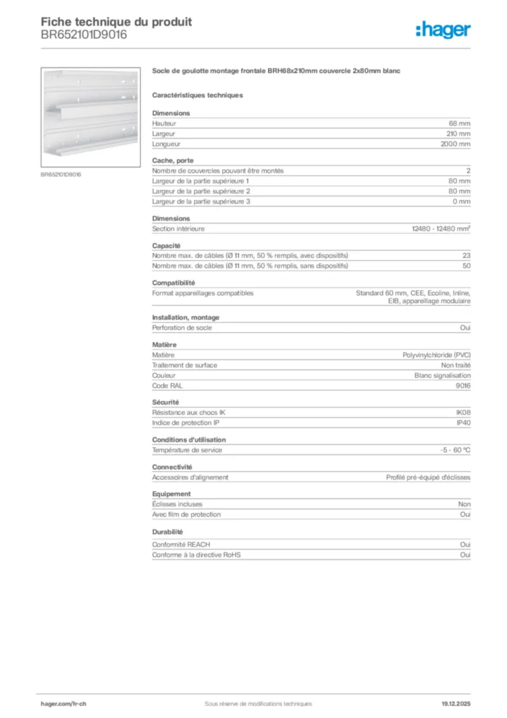 Image Hager Fiche technique du produit BR652101D9016 | Hager Suisse