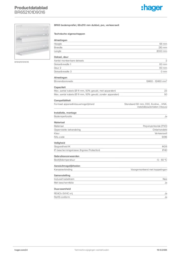 Afbeelding Hager Productdatablad BR652101D9016 | Hager Nederland