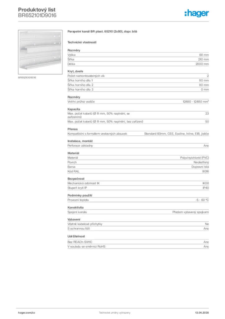 Obrázek Hager Product data sheet BR652101D9016 | Hager
