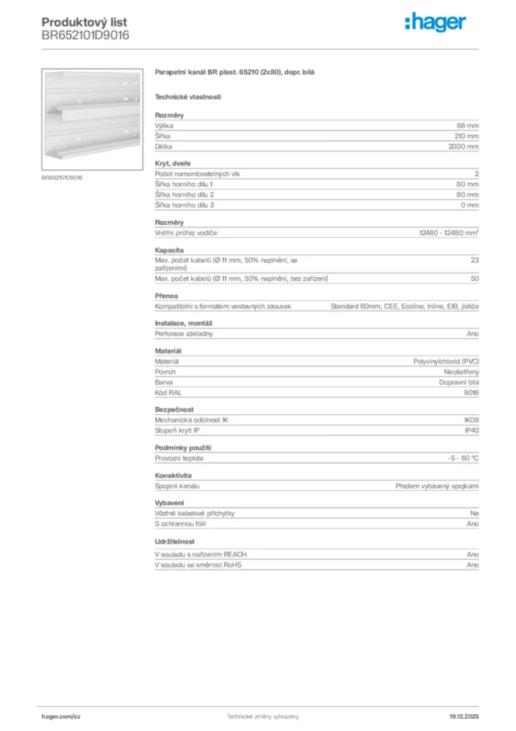 Obrázek Hager Produktový list BR652101D9016 | Hager