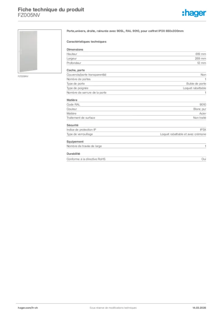 Image Hager Fiche technique du produit FZ005NV | Hager Suisse