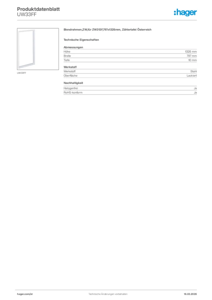 Bild Hager Produktdatenblatt UW33FF | Hager Deutschland