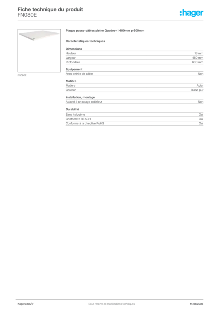 Image Hager Fiche technique du produit FN080E | Hager France
